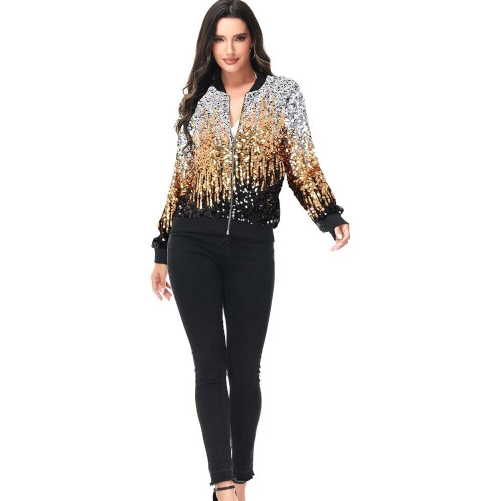 Brand New Women Z-Silver Gold Black Polyester Sequin Long Sleeve Front Zip - Picture 5 of 6